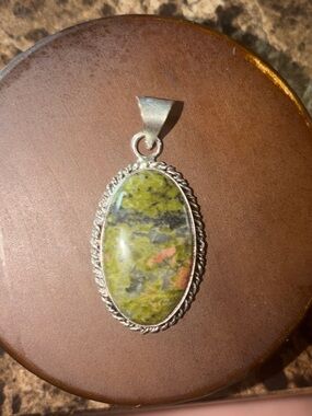Sterling Silver Green Jasper Oval Pendant - Natural Green and Pink Stone